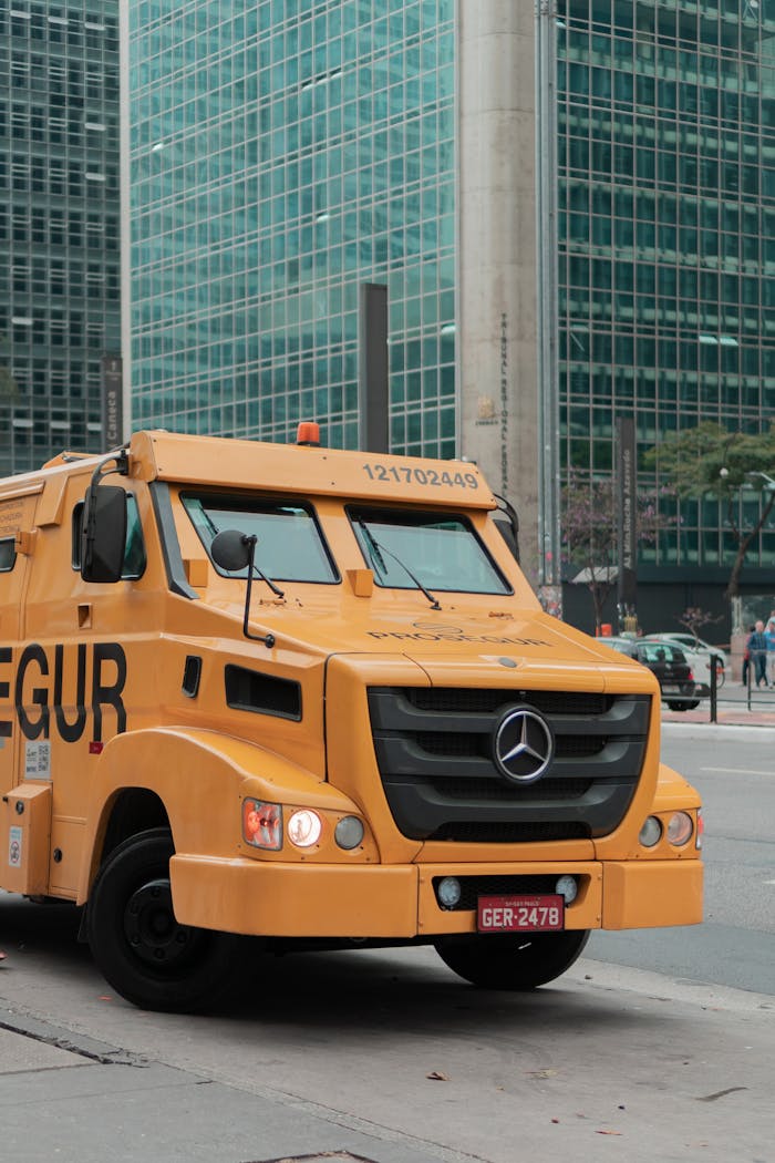 Yellow armored truck on a downtown street with modern buildings in the background.