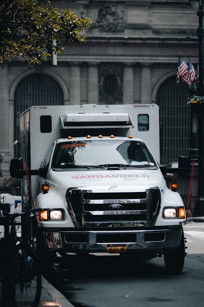 A Ford armored truck on a bustling street in New York City with flags and historic architecture in the background.